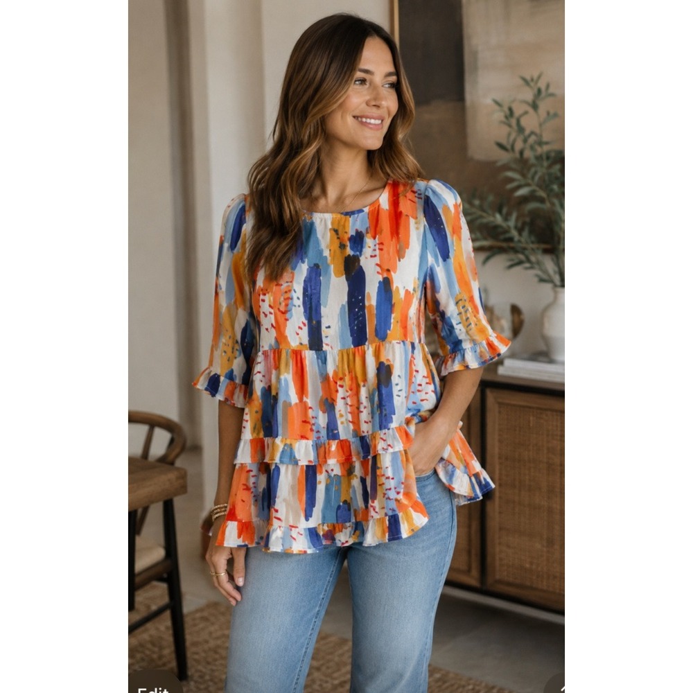 Jodifl Abstract Brushstroke Tiered Tunic Top Orange Blue Multi G8191 Womens M